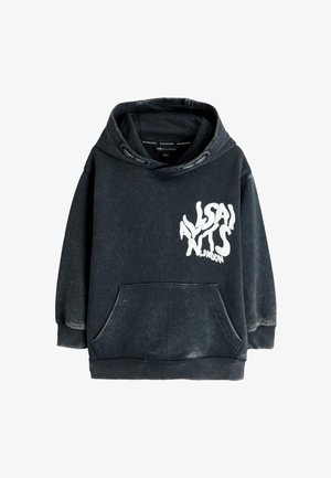 Schwarz gewaschener Hoodie mit Fronttasche und weiß verzerrtem "AllSaints London"-Logo auf der linken Brust, mit Kordelzugkapuze.