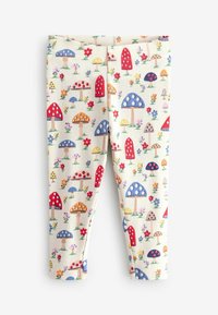 Leggings stampati in crema con funghi e fiori colorati. Presentano una texture a coste e una cintura elastica.