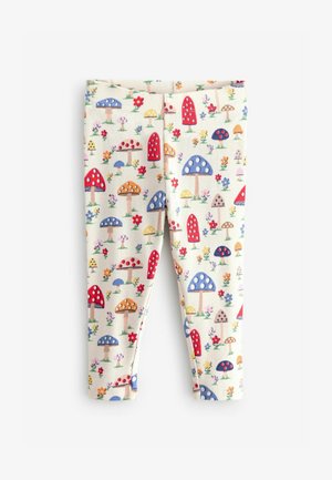 Kvetované legíny v krémové barvě s barevnými houbami a květinami. Mají žebrovanou texturu a elastický pas.