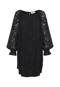 Schwarze Spitzenbluse mit rundem Ausschnitt, Fledermausärmeln und Rüschensäumen. Verfügt über ein Blumenmuster und einen Schlüssellochausschnitt hinten.