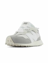 Gray and white sneaker featuring a mix of smooth and textured materials, round laces, a padded collar, and a patterned rubber outsole.