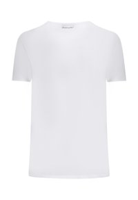 Weißes T-Shirt mit kurzen Ärmeln und Rundhalsausschnitt, aus glattem Material. Keine sichtbaren Muster oder Akzente. Schlichte Rückansicht.