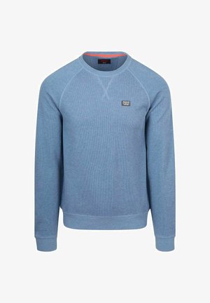 Hellblaues Sweatshirt mit Rundhalsausschnitt, langen Ärmeln, gerippten Bündchen und Saum sowie einem kleinen rechteckigen Logo auf der linken Brust.