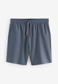 Pantalones cortos grises con cintura elástica y cordón, que cuentan con dos bolsillos laterales y una tela suave y ligera.