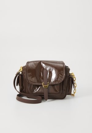 Brown patent leather handbag with gold hardware, a flap closure, adjustable strap, and side pocket detail. Compact rectangular shape.