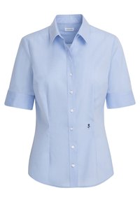 Ljust blå kortärmad skjorta med krage, med knappstängning framtill och ett broderat rosdetalj på vänster sida.