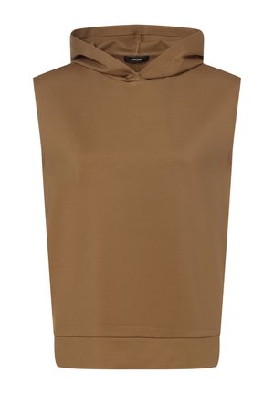 Mouwloze bruine hoodie met een aansluitende zoom en een klein zwart label aan de binnenkant van de halslijn.