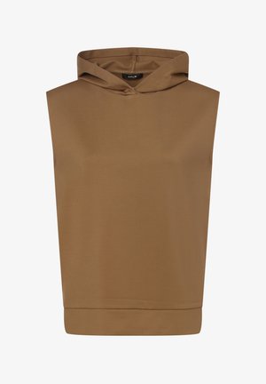 Ärmelloser brauner Hoodie mit tailliertem Saum und einem kleinen schwarzen Etikett innen am Kragen.