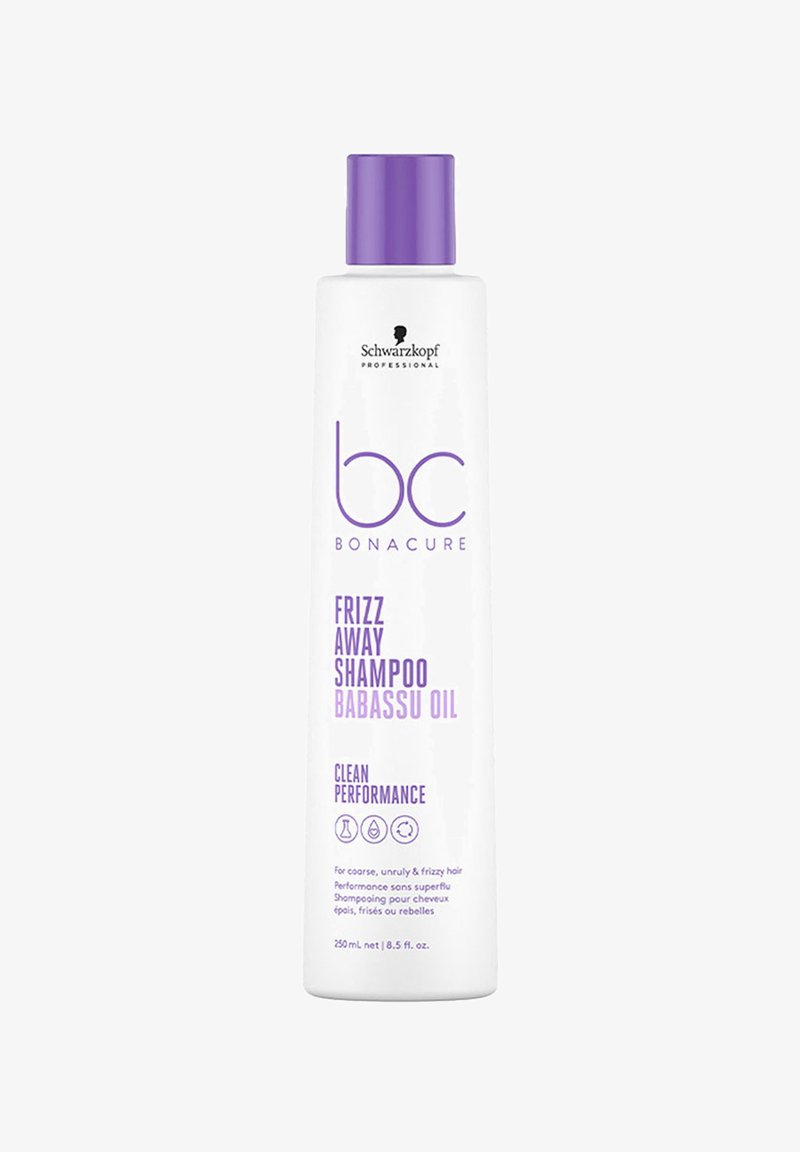 Witte fles met een paarse dop, gelabeld "Frizz Away Shampoo Babassu Olie," biedt 250 mL; bevat heldere grafische afbeelding en tekst in paars.