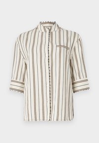 Lightweight, cream-colored shirt with vertical brown stripes, mandarin collar, half sleeves, and decorative button accents along the placket.