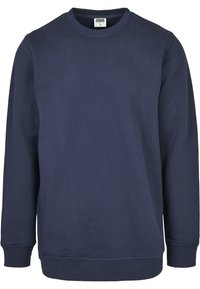 Felpa blu navy in tessuto morbido, con scollo rotondo e maniche lunghe con polsini e orlo a coste. Nessun motivo o logo visibile.