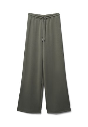 Pantaloni a gamba larga in un verde oliva scuro, realizzati in tessuto morbido. Vita elastica con lacci, senza motivi o dettagli visibili.