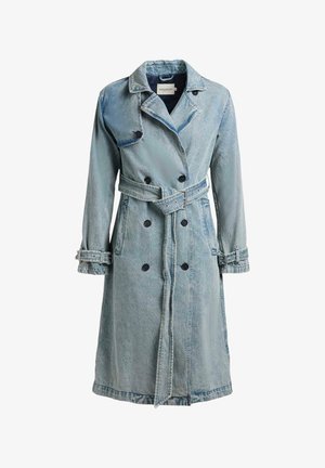 Hellblauer Jeans-Trenchcoat mit doppelreihigen Knöpfen, tailliertem Gürtel, Reverskragen und verstellbaren Ärmelriemen.