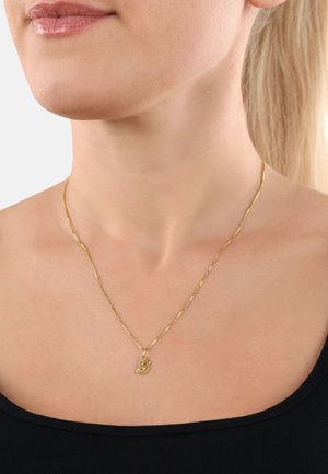 Goldene Halskette mit einer gedrehten Kette und einem kleinen Anhänger in Form eines stilisierten Buchstabens "S". Wird auf nackter Haut oder auf einem schwarzen Oberteil getragen.