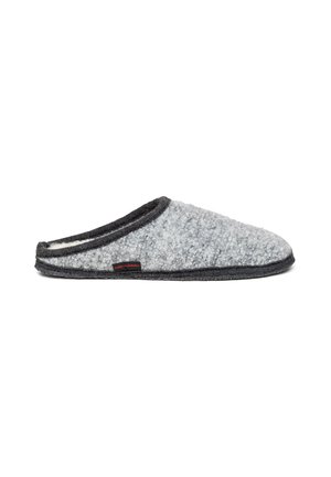 Gray felt slipper with a dark gray trim, open back design, and soft texture. Features a subtle logo tag on the side.