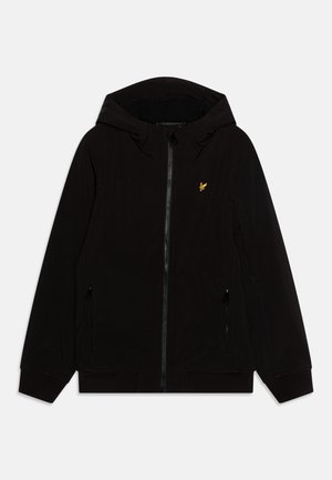 Black jacket with a hood, zippered front, and two side pockets. Features a yellow logo on the chest and ribbed cuffs on the sleeves.