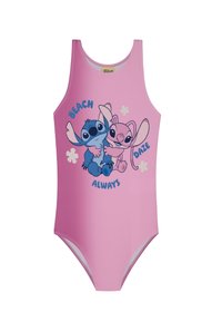 Rosa Badeanzug mit blauen Cartoon-Charakteren und dem Text "BEACH ALWAYS DAZE". Glatte Textur und ärmelloses Design, ideal zum Schwimmen.