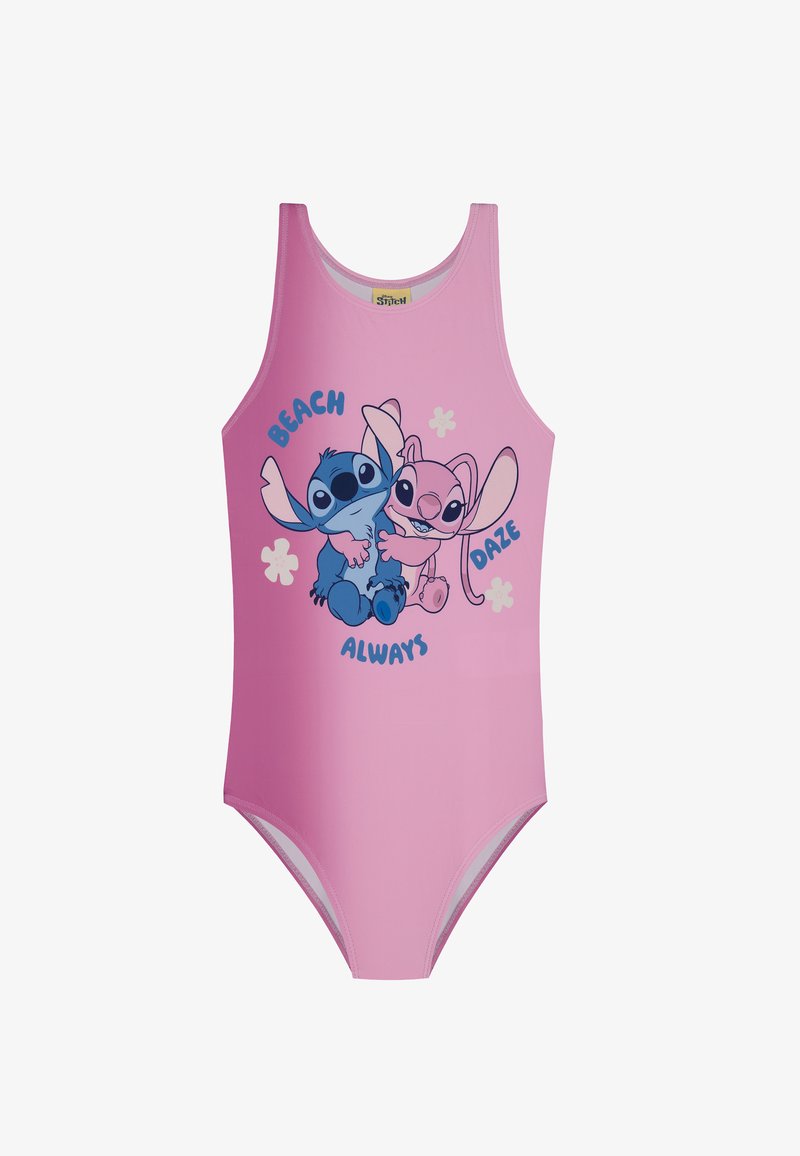 Rosa Badeanzug mit blauen Cartoon-Charakteren und dem Text "BEACH ALWAYS DAZE". Glatte Textur und ärmelloses Design, ideal zum Schwimmen.