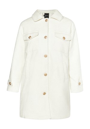 White textured coat with a collared neckline, golden button closures, two front pockets, and roll-tab sleeves.