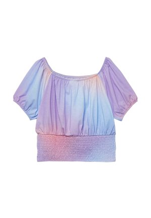 Pastel gradient off-shoulder blouse with puff sleeves and a wide smocked waistband in shades of purple, blue, and pink.