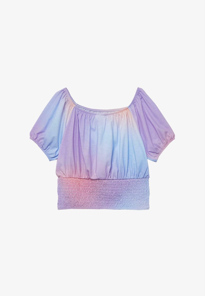 Pastelowa bluzka z odkrytymi ramionami, bufkami na rękawach i szerokim, marszczonym pasem w odcieniach fioletu, niebieskiego i różowego.