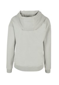 Világosszürke kapucnis jumper, tágas, dupla rétegű kapucnival, bordás mandzsettákkal és hem-el, valamint puha tapintással, minimalista dizájnnal.
