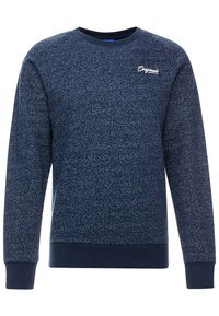 Sudadera azul marino con un patrón texturizado y moteado. Presenta un cuello redondo, mangas largas y puños y dobladillo acanalados. Pequeño logo en el pecho.