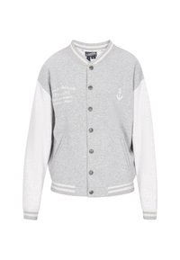 Jachetă de tip varsity gri și albă, cu închidere cu nasturi, guler și manșete ribbed, având un imprimeu cu ancoră și detalii subtile de text.