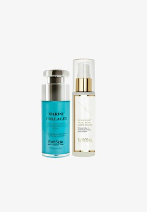 Dwa sera do pielęgnacji skóry ErthSkin London: niebieskie Marine Collagen na noc oraz białe Hyaluronic + Collagen eliksir ze złotymi detalami.