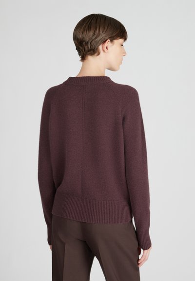 Persona con capelli corti castani che indossa un maglione a maglia viola scuro e pantaloni marroni, vista da dietro su uno sfondo semplice.