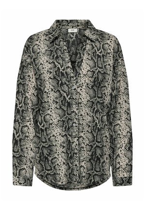 Chemise à manches longues avec imprimé serpent, présentant des couleurs beige, noir et vert foncé, avec un col classique et une coupe décontractée.