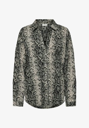 Pikkade varrukatega nööpidega särk, millel on madu muster, sisaldab beeži, musta ja tumeroheline värve, kaelus ja lõdvestatud lõige.