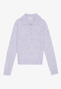 Maglione a maglia di colore viola chiaro con macchie, maniche lunghe, polsini e orlo a costine, colletto a risvolto e patta con tre bottoni.