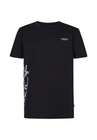 Sort bomulds t-shirt med korte ærmer, med hvid trykt tekst og design på venstre side, standard rund hals og et blåt mærke.