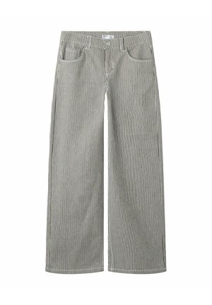 Pantalon à jambes larges avec des rayures verticales noires et blanches, bouton à l'avant, fermeture éclair, poches latérales et arrière, présenté sur fond blanc.