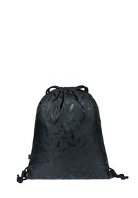 Black drawstring bag featuring a camouflage pattern, made of lightweight material with a smooth texture and adjustable cord closure.