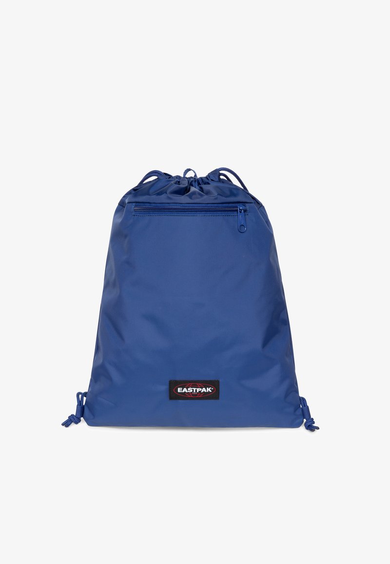 Bolsa de cordón azul hecha de nylon suave, con un bolsillo delantero con cremallera y cordones ajustables, que presenta un logotipo embellecido de Eastpak.