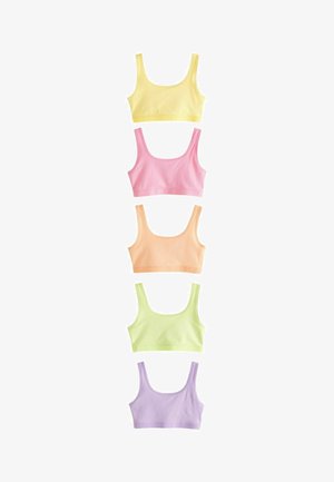 Vijf kinderlijke katoen bralettes in geel, roze, oranje, groen en paars. Kenmerken een zachte textuur en een klassiek tanktopontwerp.