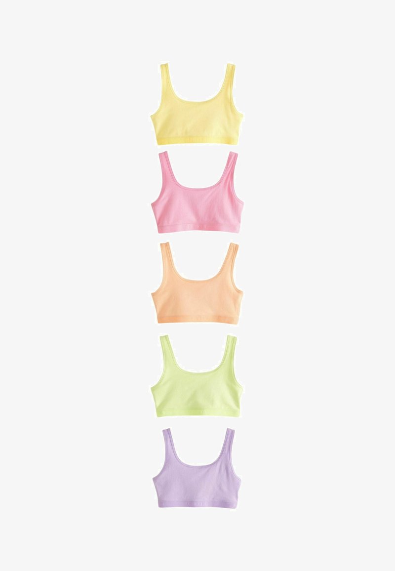 Cinq bralettes en coton pour enfants dans les couleurs jaune, rose, orange, vert et violet. Elles présentent une texture douce et un design classique de débardeur.