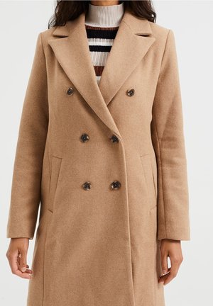 Femme portant un manteau en laine cachemire camel à double boutonnage avec des revers crantés, par-dessus un pull à col roulé rayé.