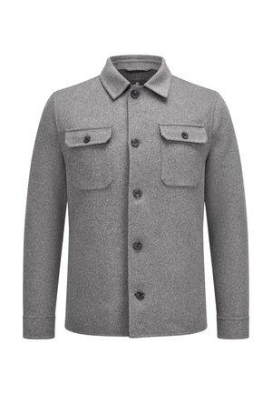 Graue Herren-Wolljacke mit Knöpfen, langen Ärmeln, zwei geknöpften Brusttaschen und spitzem Kragen.