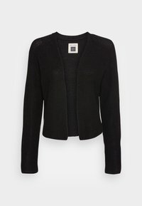 Cardigan nero a maglia con maniche lunghe, apertura frontale, texture a coste e scollatura rotonda. Etichetta visibile sul collo.