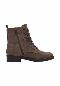 Stivaletto marrone in suede con allacciatura frontale, cerniera laterale, punta rotonda e tacco basso impilato. Presenta dettagli di cucitura a contrasto.