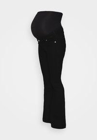 Jeans de maternidade em denim preto com uma cintura elástica e ajustada que acomoda a barriga da gravidez; parte inferior flare e design de cinco bolsos.