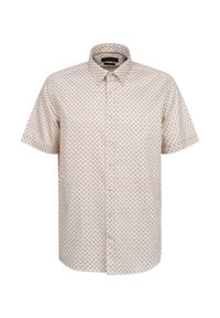 Kurzärmliges Hemd mit Knopfleiste in hellbeige mit geometrischem Muster. Hat einen klassischen Kragen und einen geraden Schnitt mit vorderen Knöpfen.