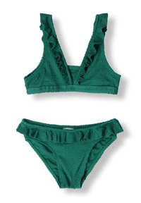 Green textured bikini set featuring a v-neck top with ruffled edges and matching ruffled bottom. Soft fabric with a gathered pattern.