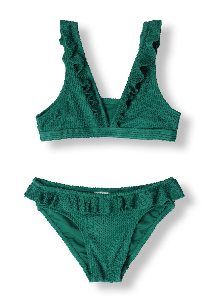 Green textured bikini set featuring a v-neck top with ruffled edges and matching ruffled bottom. Soft fabric with a gathered pattern.