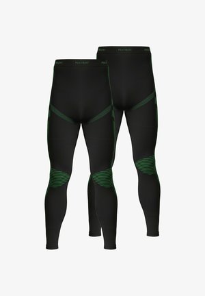Schwarze Leggings mit grünen Akzenten, mit figurbetontem Design, gemusterten Einsätzen und strukturierten Kniebereichen, aus dehnbarem Material gefertigt.