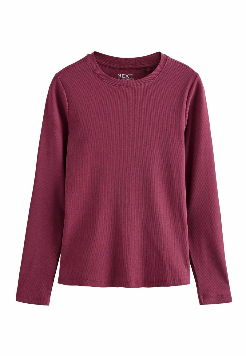 T-shirt à manches longues en bordeaux profond, avec un col rond et une texture douce. Étiquette visible au niveau du cou.