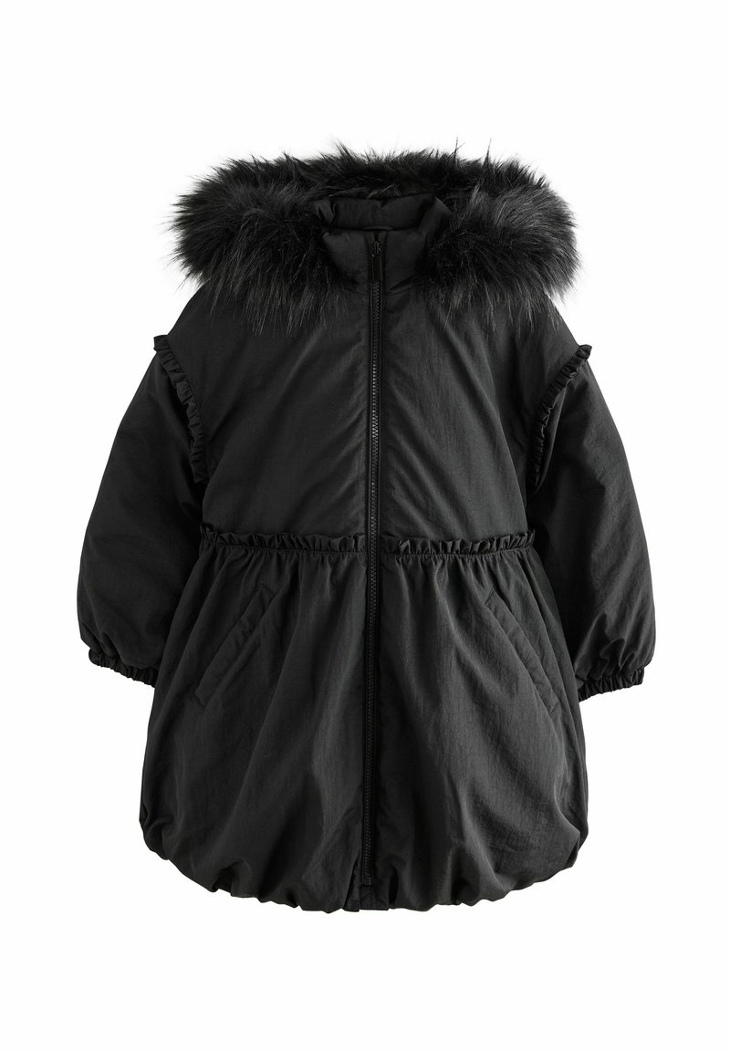 Schwarze Daunenjacke mit einer Kapuze aus Kunstfell, elastischem Taillenbund, gerafften Akzenten an den Ärmeln und seitlichen Taschen. Glatte, leichte Stofftextur.